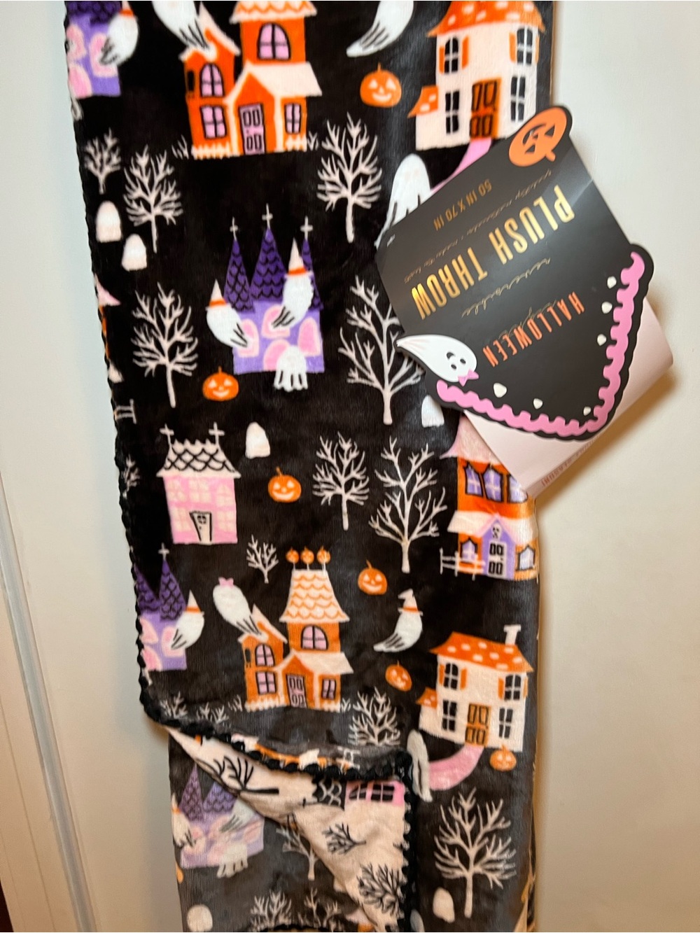 Halloween Haunted House Village Reversible Plush Throw Blanket Pink Orange Lilac
